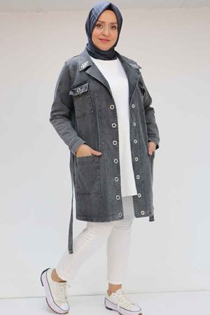 43070 Büyük Beden Taş İşlemeli Manşetli Kot Ceket - Siyah