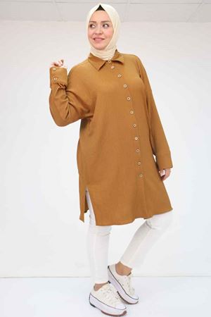 F-58043 Büyük Beden Düşük Kol Bürümcük  Gömlek - Taba