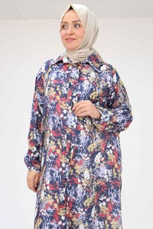 F-58053 Büyük Beden Desenli Jesica  Gömlek - Ebruli Lacivert