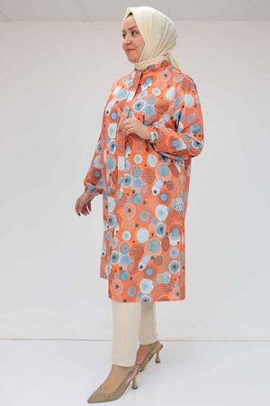 F-58023 Büyük Beden Yakası Bağlamalı Jesica Tunik - Daire Desen Oranj