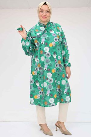 F-58023 Büyük Beden Yakası Bağlamalı Jesica Tunik - Daire Desen Beneton