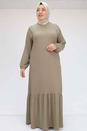 32024 Büyük Beden Etek Ucu Fırfırlı Bürümcük Elbise - Bej