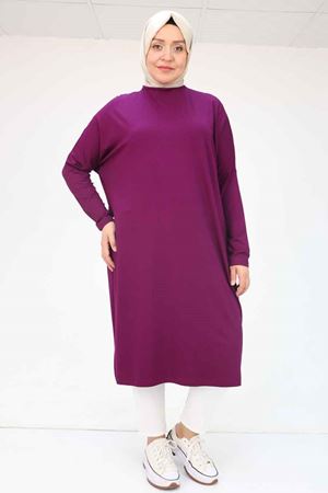 28092 Büyük Beden Düşük Kol Penye Tunik - Mürdüm