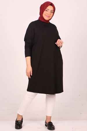28092 Büyük Beden Düşük Kol Penye Tunik - Siyah