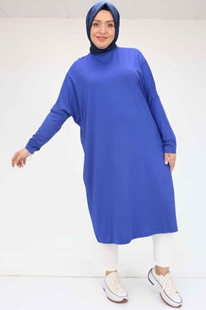 28092 Büyük Beden Düşük Kol Penye Tunik - İndigo