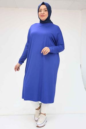 28092 Büyük Beden Düşük Kol Penye Tunik - İndigo