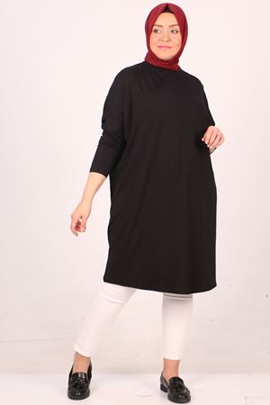28092 Büyük Beden Düşük Kol Penye Tunik - Siyah