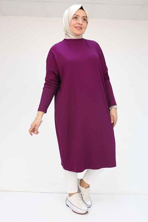 28092 Büyük Beden Düşük Kol Penye Tunik - Mürdüm
