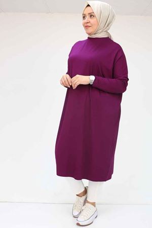 28092 Büyük Beden Düşük Kol Penye Tunik - Mürdüm