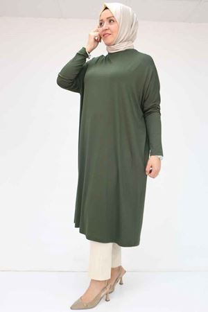 28092 Büyük Beden Düşük Kol Penye Tunik - Haki