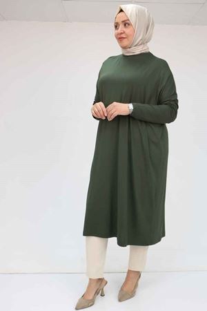 28092 Büyük Beden Düşük Kol Penye Tunik - Haki