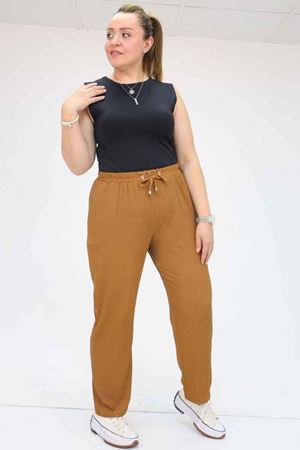 39011 Büyük Beden Lastikli Bürümcük Dar Paça Pantolon - Taba