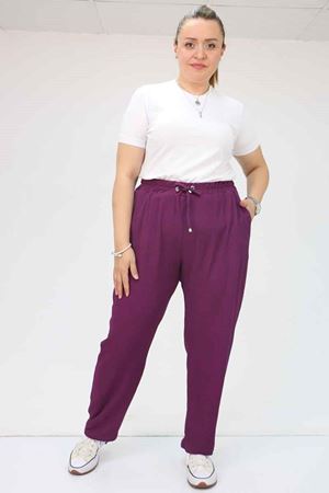 39011 Büyük Beden Lastikli Bürümcük Dar Paça Pantolon - Mürdüm