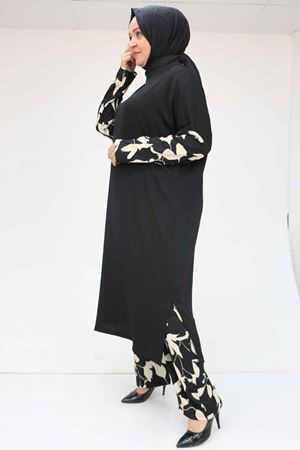 57015 Büyük Beden Renk Kombinli Pantolonlu Bürümcük Takım - Krem-Siyah