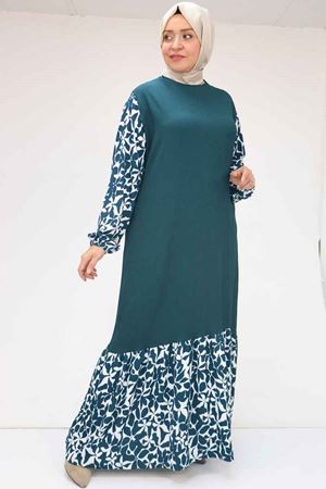 F-52010 Büyük Beden Desenli Bürümcük Altı Fırfırlı Elbise - Ekru-Petrol