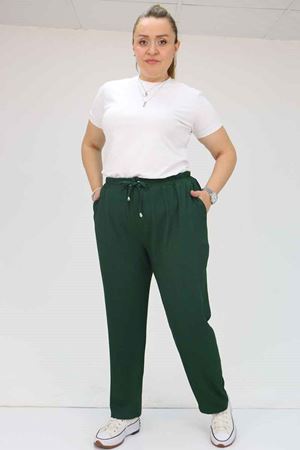 39011 Büyük Beden Lastikli Bürümcük Dar Paça Pantolon - Zümrüt