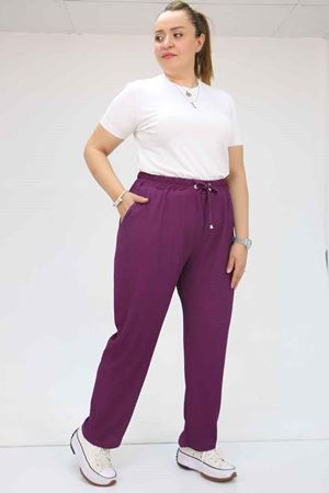 39011 Büyük Beden Lastikli Bürümcük Dar Paça Pantolon - Mürdüm