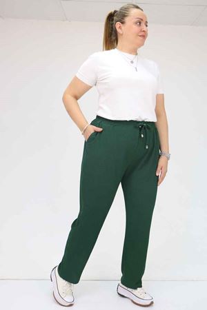 39011 Büyük Beden Lastikli Bürümcük Dar Paça Pantolon - Zümrüt