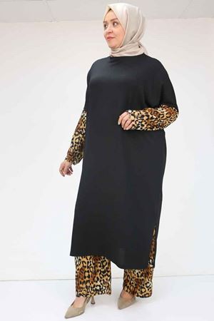 57015 Büyük Beden Renk Kombinli Pantolonlu Bürümcük Takım - Vizon-Leopar