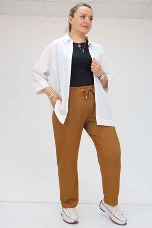 39011 Büyük Beden Lastikli Bürümcük Dar Paça Pantolon - Taba