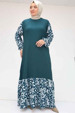 F-52010 Büyük Beden Desenli Bürümcük Altı Fırfırlı Elbise - Ekru-Petrol