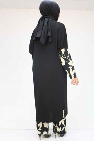 57015 Büyük Beden Renk Kombinli Pantolonlu Bürümcük Takım - Krem-Siyah