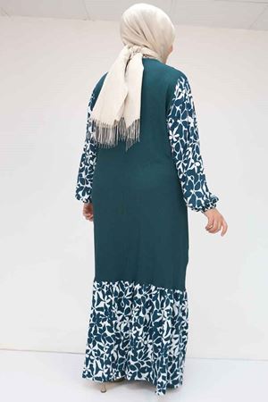 F-52010 Büyük Beden Desenli Bürümcük Altı Fırfırlı Elbise - Ekru-Petrol