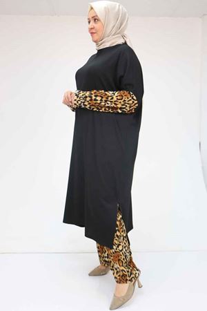 57015 Büyük Beden Renk Kombinli Pantolonlu Bürümcük Takım - Vizon-Leopar