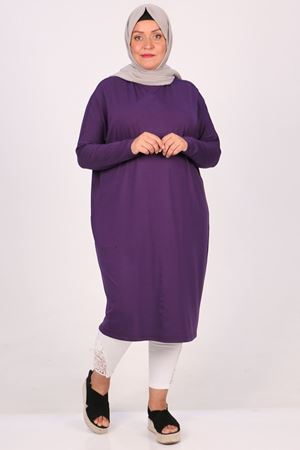 28092 Büyük Beden Düşük Kol Penye Tunik - Mor