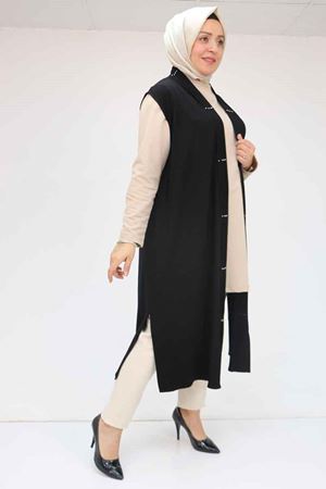 F-54005 Büyük Beden Patı Pileli Giy Çık Yelek - Siyah