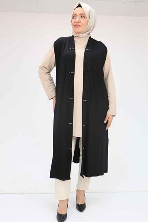 F-54005 Büyük Beden Patı Pileli Giy Çık Yelek - Siyah