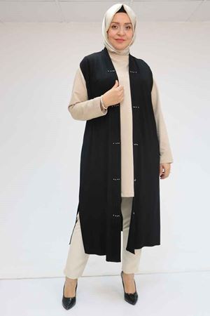 F-54005 Büyük Beden Patı Pileli Giy Çık Yelek - Siyah