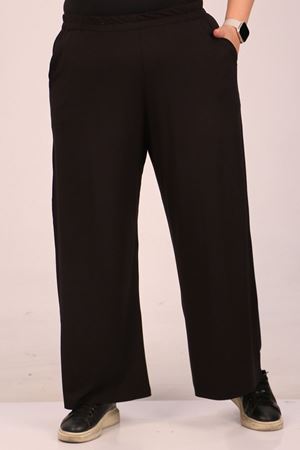39000 Büyük Beden Yüksek Beli Lastikli Bol Paça Penye Pantolon - Siyah