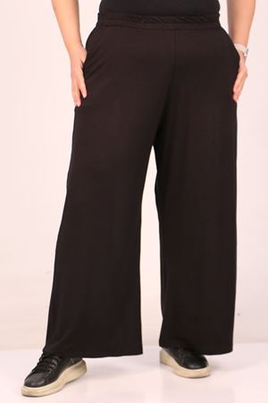 39000 Büyük Beden Yüksek Beli Lastikli Bol Paça Penye Pantolon - Siyah