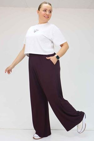 39000 Büyük Beden Yüksek Beli Lastikli Bol Paça Penye Pantolon - Mor