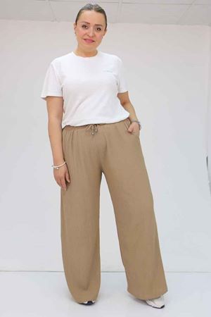 39012 Büyük Beden Bürümcük Bol Paça Pantolon - Vizon