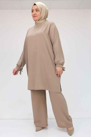 57013 Büyük Beden Kol Manşeti Ve Yırtmacı Taşlı Keten Pantolonlu Takım - Vizon