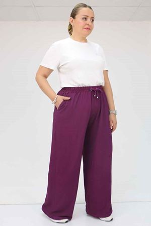 39012 Büyük Beden Bolpaça Bürümcük Pantolon - Mürdüm