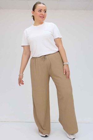 39012 Büyük Beden Bürümcük Bol Paça Pantolon - Vizon