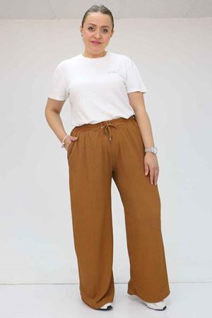 39012 Büyük Beden Bolpaça Bürümcük Pantolon - Kahve