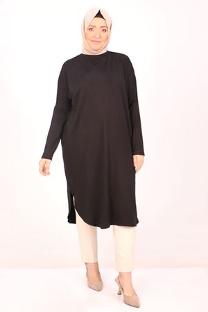 38110  Büyük Beden Düşük Kol Penye Tunik - Siyah
