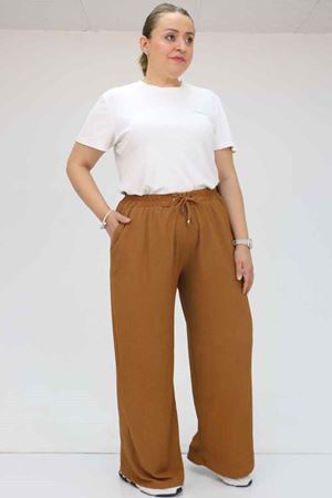 39012 Büyük Beden Bolpaça Bürümcük Pantolon - Kahve