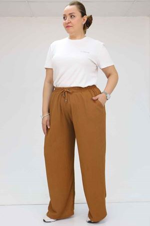 39012 Büyük Beden Bolpaça Bürümcük Pantolon - Kahve