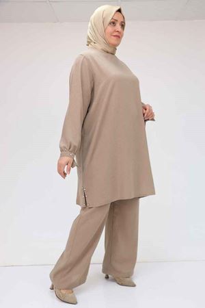 57013 Büyük Beden Kol Manşeti Ve Yırtmacı Taşlı Keten Pantolonlu Takım - Vizon