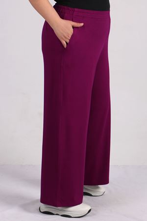 39000 Büyük Beden Yüksek Beli Lastikli Bol Paça Penye Pantolon - Mürdüm