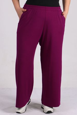 39000 Büyük Beden Yüksek Beli Lastikli Bol Paça Penye Pantolon - Mürdüm