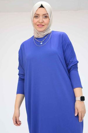 28095 Büyük Beden Düşük Kol Penye Uzun Tunik - İndigo