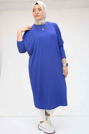 28095 Büyük Beden Düşük Kol Penye Uzun Tunik - İndigo