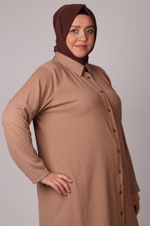 37013 Büyük Beden Düğmeli Bürümcük Pantolonlu Takım - Vizon