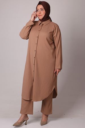 37013 Büyük Beden Düğmeli Bürümcük Pantolonlu Takım - Vizon